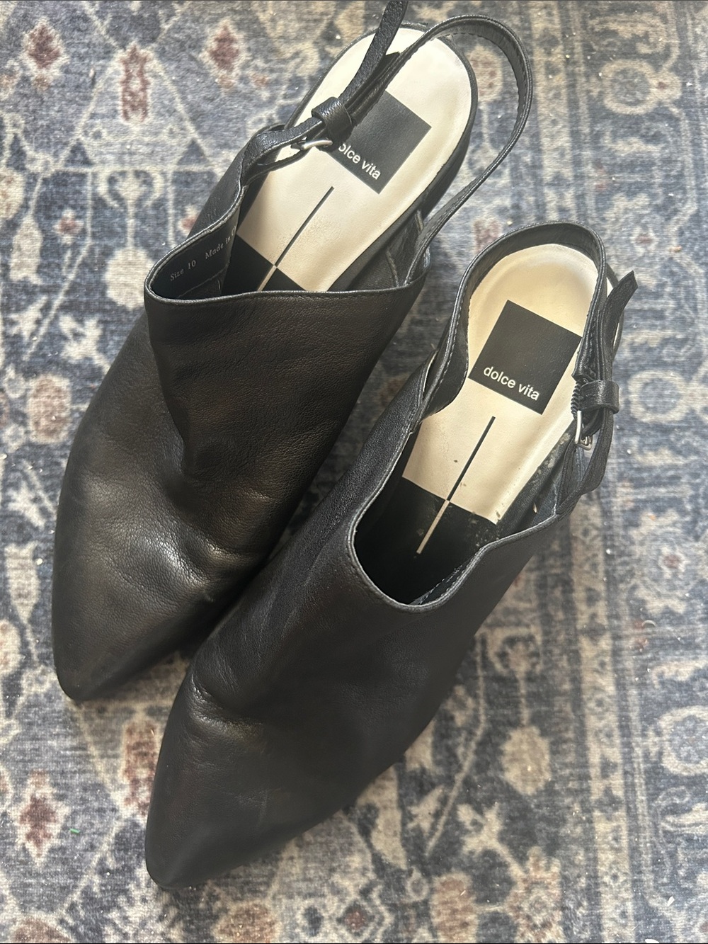 Dolce Vita Black Pointed Slingback Leather Mules with Buckle